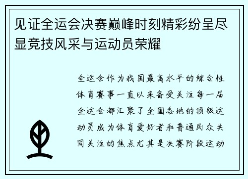 见证全运会决赛巅峰时刻精彩纷呈尽显竞技风采与运动员荣耀 见证全运会决赛巅峰时刻精彩纷呈尽显竞技风采与运动员荣耀