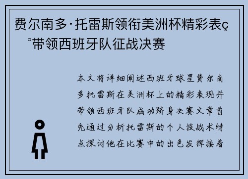 费尔南多·托雷斯领衔美洲杯精彩表现带领西班牙队征战决赛