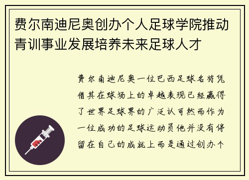 费尔南迪尼奥创办个人足球学院推动青训事业发展培养未来足球人才