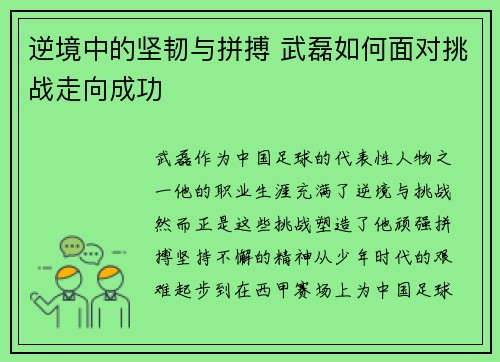 逆境中的坚韧与拼搏 武磊如何面对挑战走向成功 逆境中的坚韧与拼搏 武磊如何面对挑战走向成功