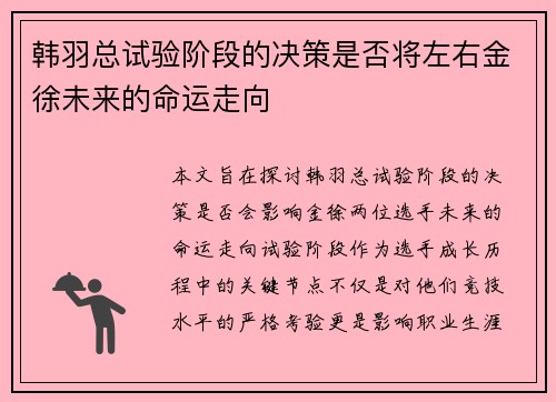 韩羽总试验阶段的决策是否将左右金徐未来的命运走向