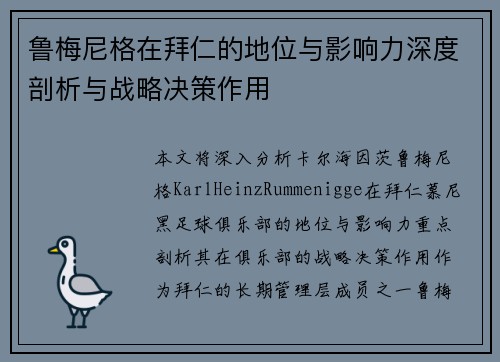 鲁梅尼格在拜仁的地位与影响力深度剖析与战略决策作用